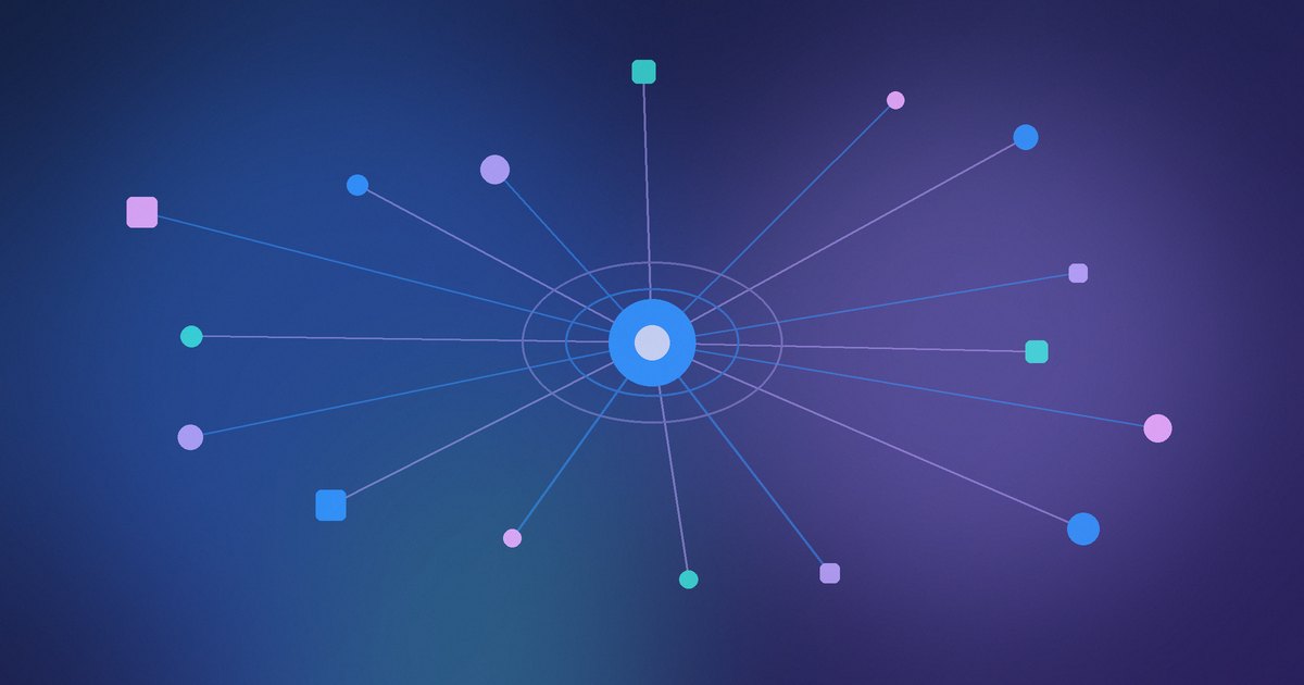 Blue hub with thin spokes to round and square endpoints, like one Node.js AI agent wired to many tools