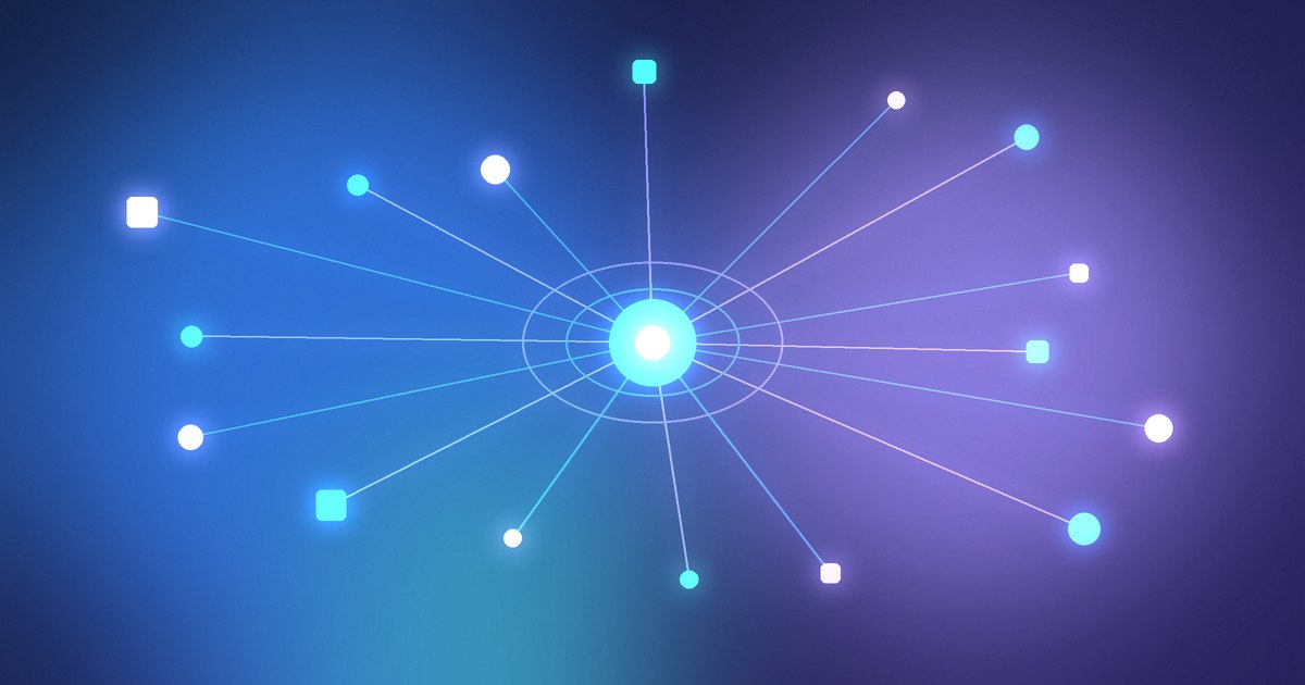 Glowing hub with thin spokes to round and square endpoints, like one Node.js AI agent wired to many tools