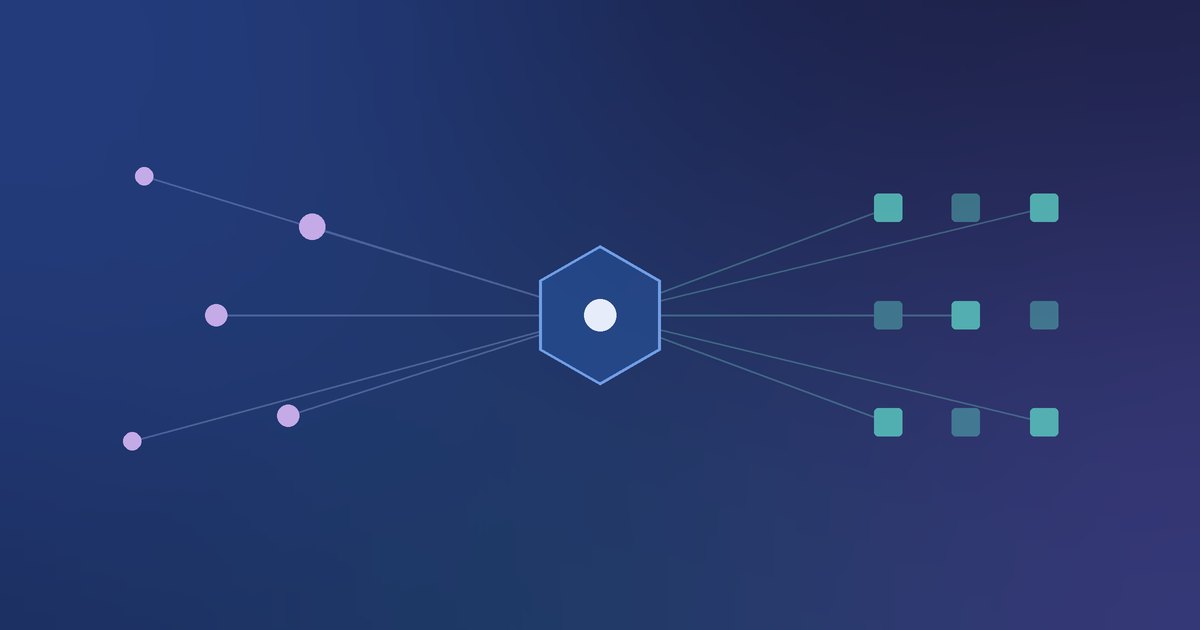 Small round dots on the left and a grid of squares on the right, joined by thin lines through one hexagon in the middle, like AI apps reaching an inventory API through one Node.js MCP server
