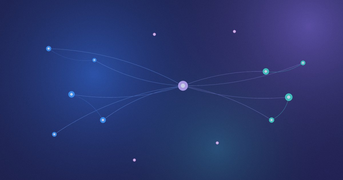 Small dots on the left joined by thin curved lines to one hub in the middle, which links to a cluster on the right, like AI apps reaching an API through one MCP server