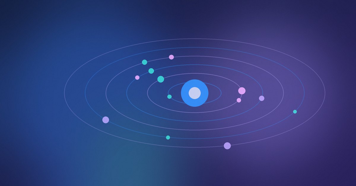 Blue core circled by orbit rings and small bodies, showing a Python AI agent loop that calls tools and returns