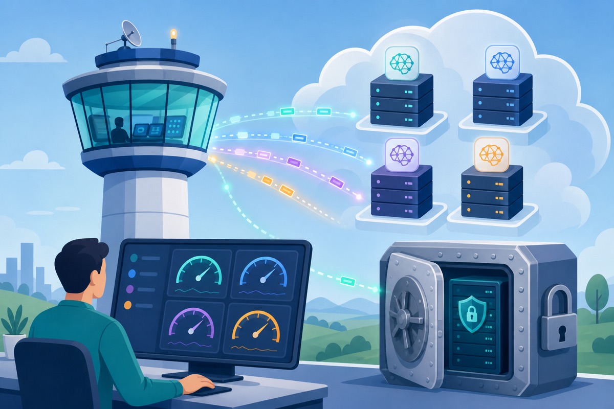 A control tower routing requests to several model servers